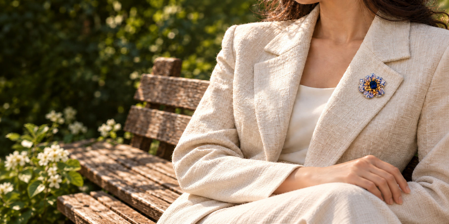 Sini blue flower brooch on a cream jacket, worn while seated on a garden bench
