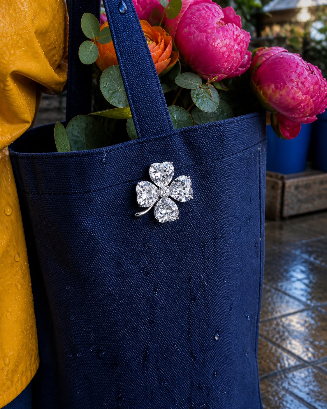 Crystal Clear clover brooch pinned to sturdy canvas