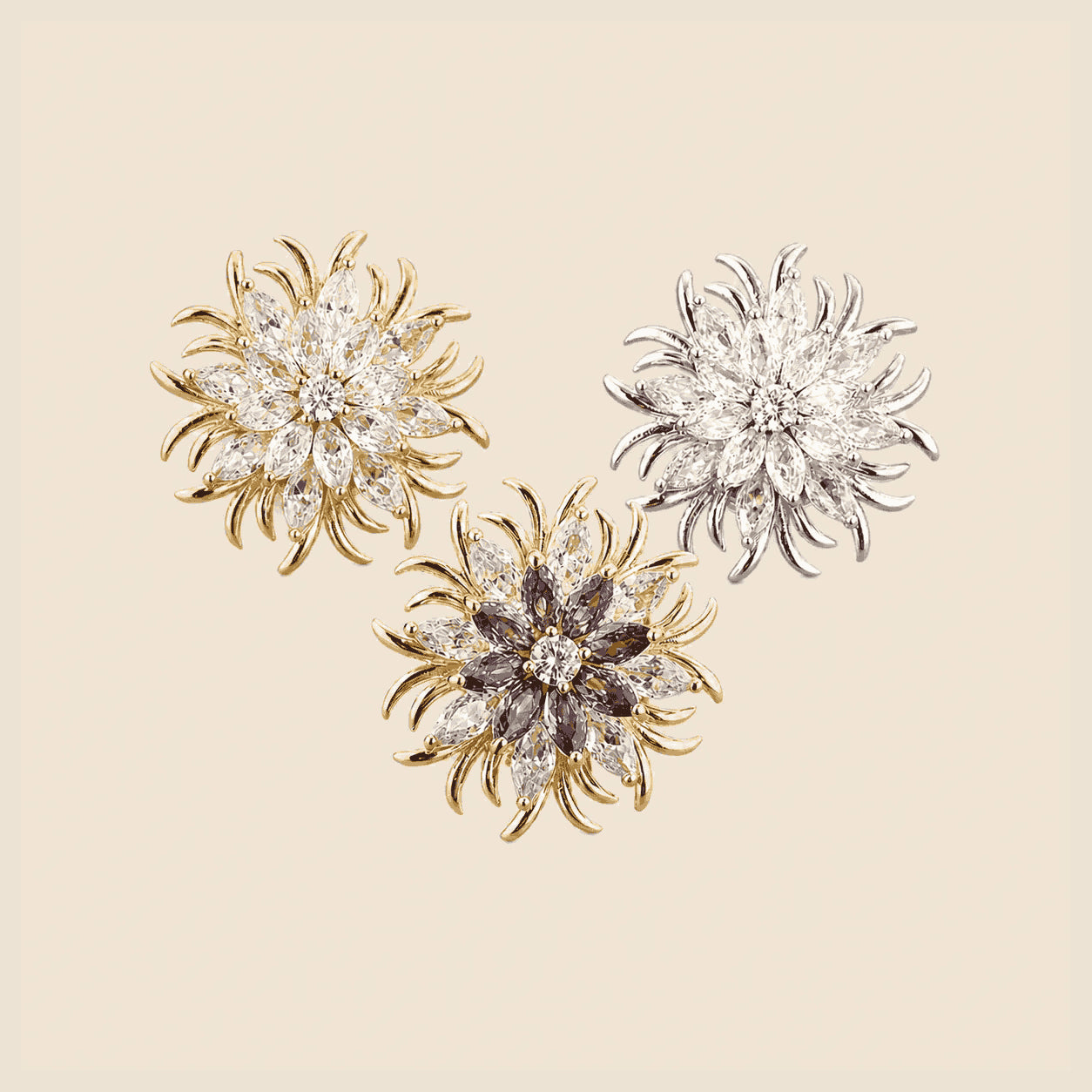 Meri Magnetic Bloom Brooch in three colourways on an exact warm ivory background