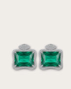 Ruutu emerald-green rectangular statement earrings on a warm neutral background