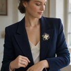 Woman wearing the Eira Pearl Garden Brooch on a navy blazer