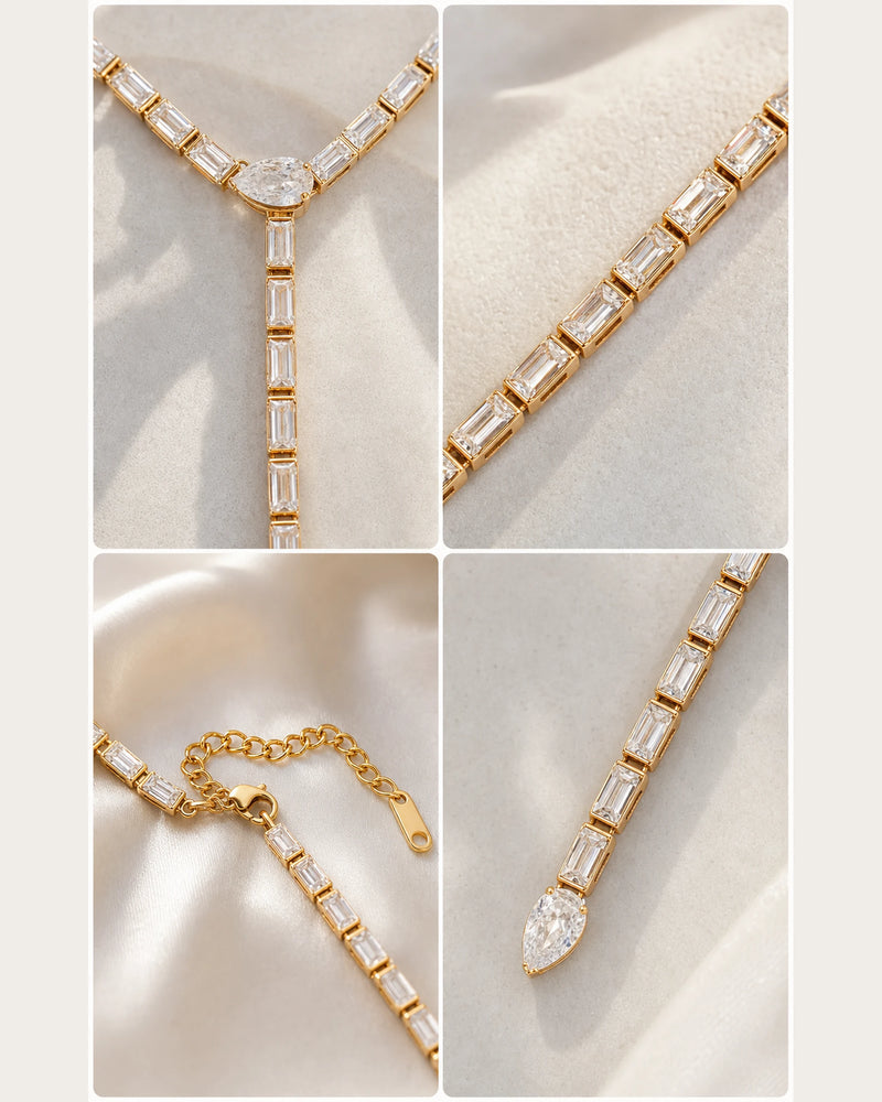 Four-panel macro view of Liora rectangular settings, center pear stone, extender and terminal drop