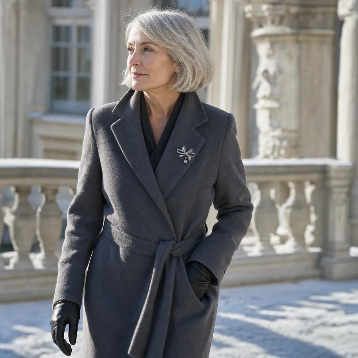 Sylvi Crystal Ribbon Brooch worn on a grey tailored look on a terrace