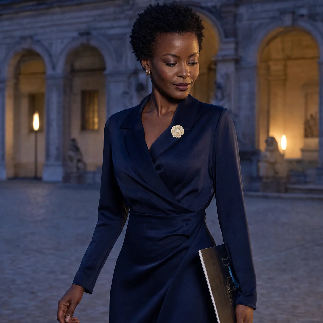 Woman in a midnight-blue dress wearing the Valo Crystal Camellia Brooch at blue hour