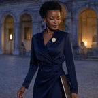 Woman in a midnight-blue dress wearing the Valo Crystal Camellia Brooch at blue hour