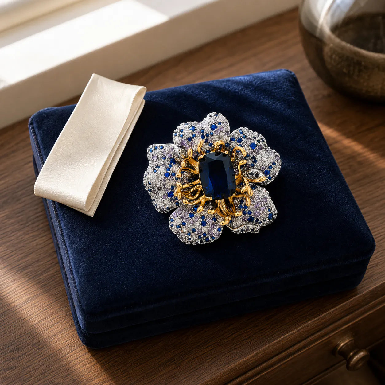 Sini Midnight Bloom Brooch displayed in a navy jewelry box