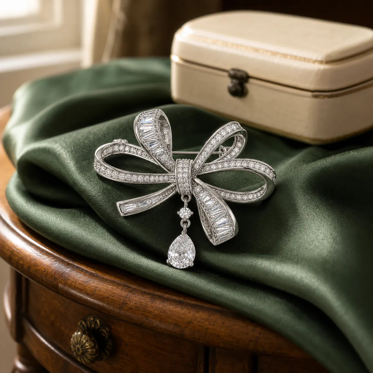 Sylvi Crystal Ribbon Brooch displayed on green silk