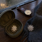 Meri Magnetic Bloom Brooch colourways in a rainy cafe still life
