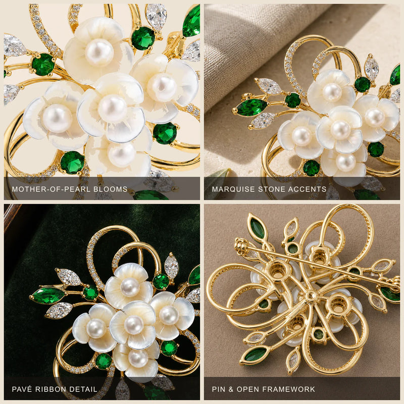 Four detailed views of the Eira Pearl Garden Brooch materials and pin