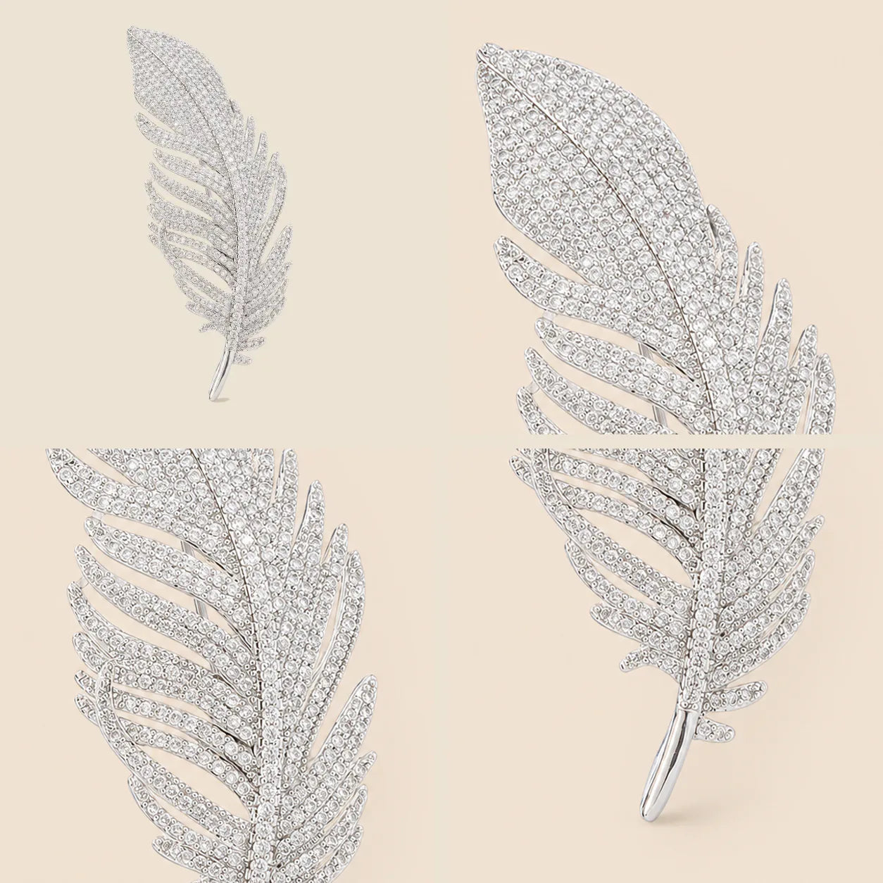 Four detail views of the Lumi Crystal Feather Brooch showing its crystal tip, open feather branches, curved vane and tapered stem