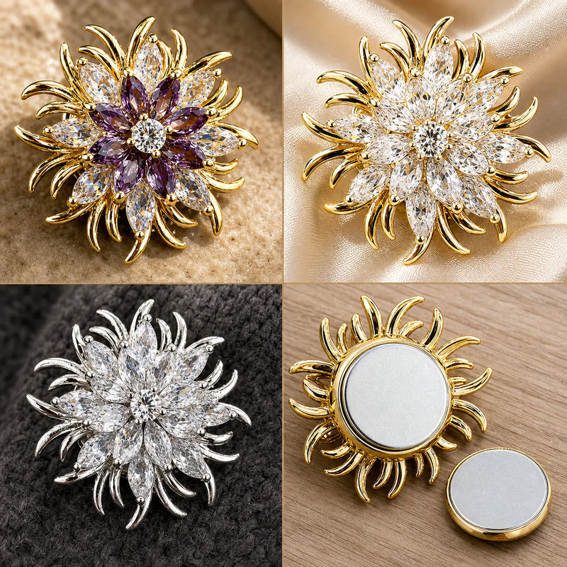 Four detail views of the Meri Magnetic Bloom Brooch colourways and magnetic fastening