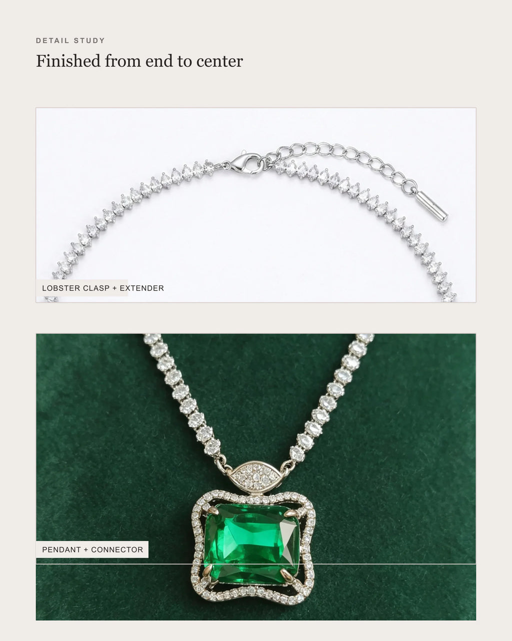 Ruutu necklace detail study showing its lobster clasp, extender and green pendant