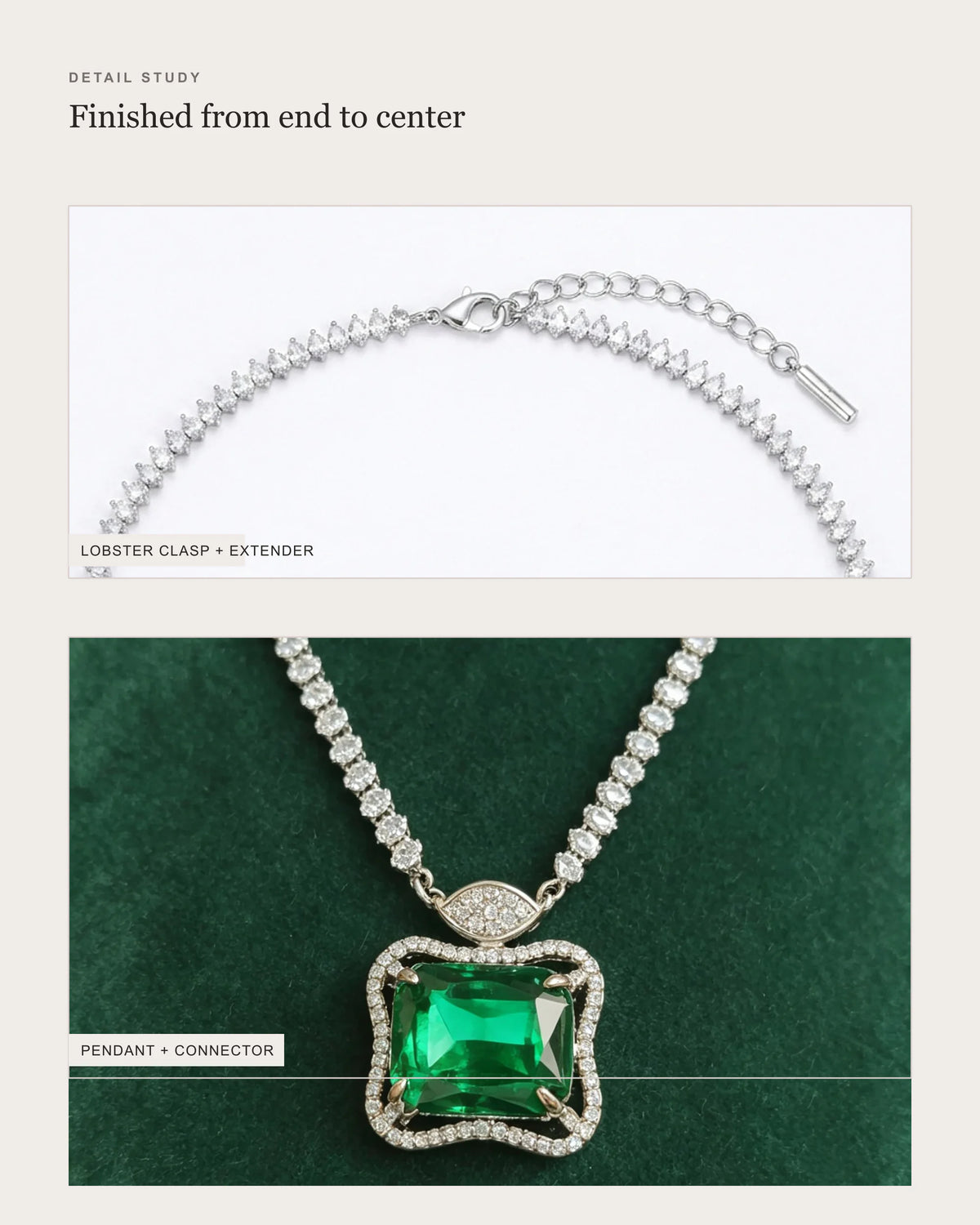 Ruutu necklace detail study showing its lobster clasp, extender and green pendant