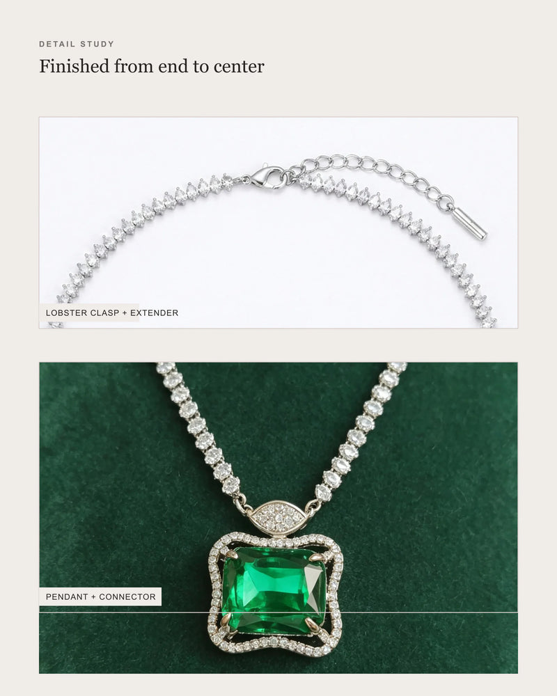 Ruutu necklace detail study showing its lobster clasp, extender and green pendant