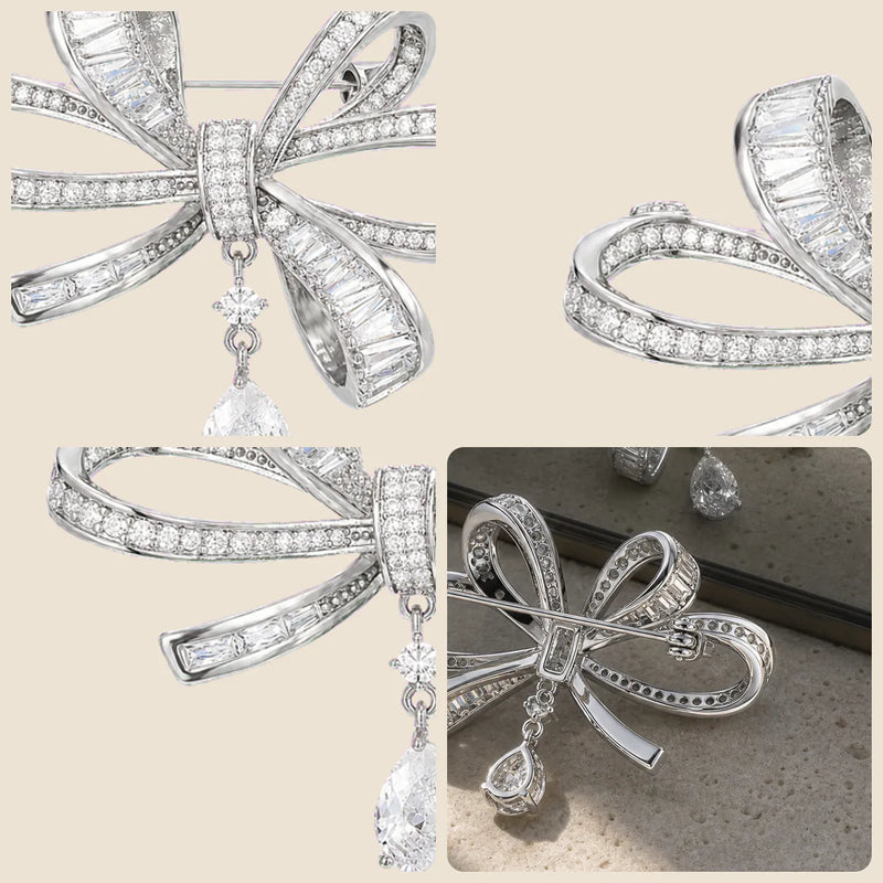 Four detail views of the Sylvi Crystal Ribbon Brooch