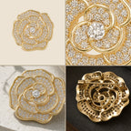 Four detail views of the Valo Crystal Camellia Brooch showing pavé petals, center stone, gold edge and pin