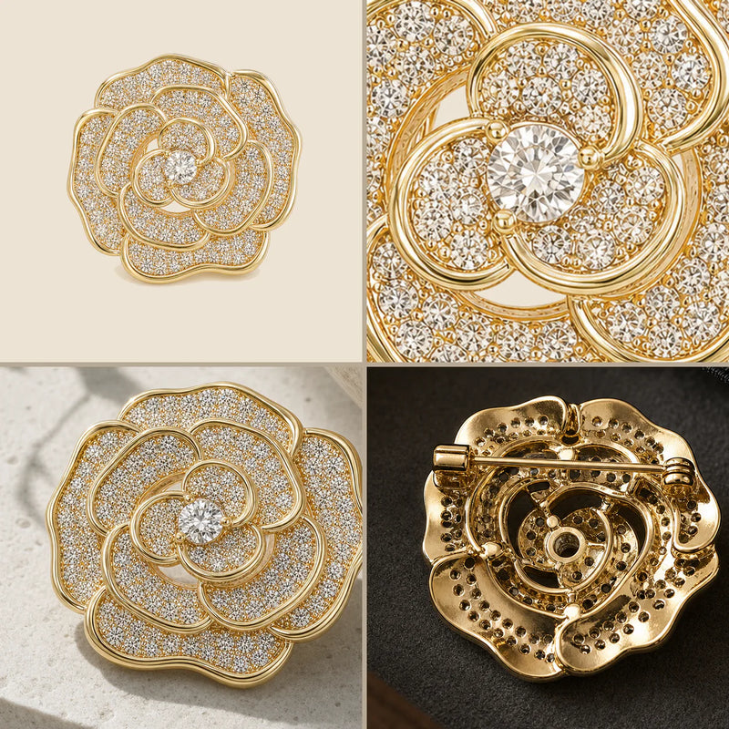 Four detail views of the Valo Crystal Camellia Brooch showing pavé petals, center stone, gold edge and pin