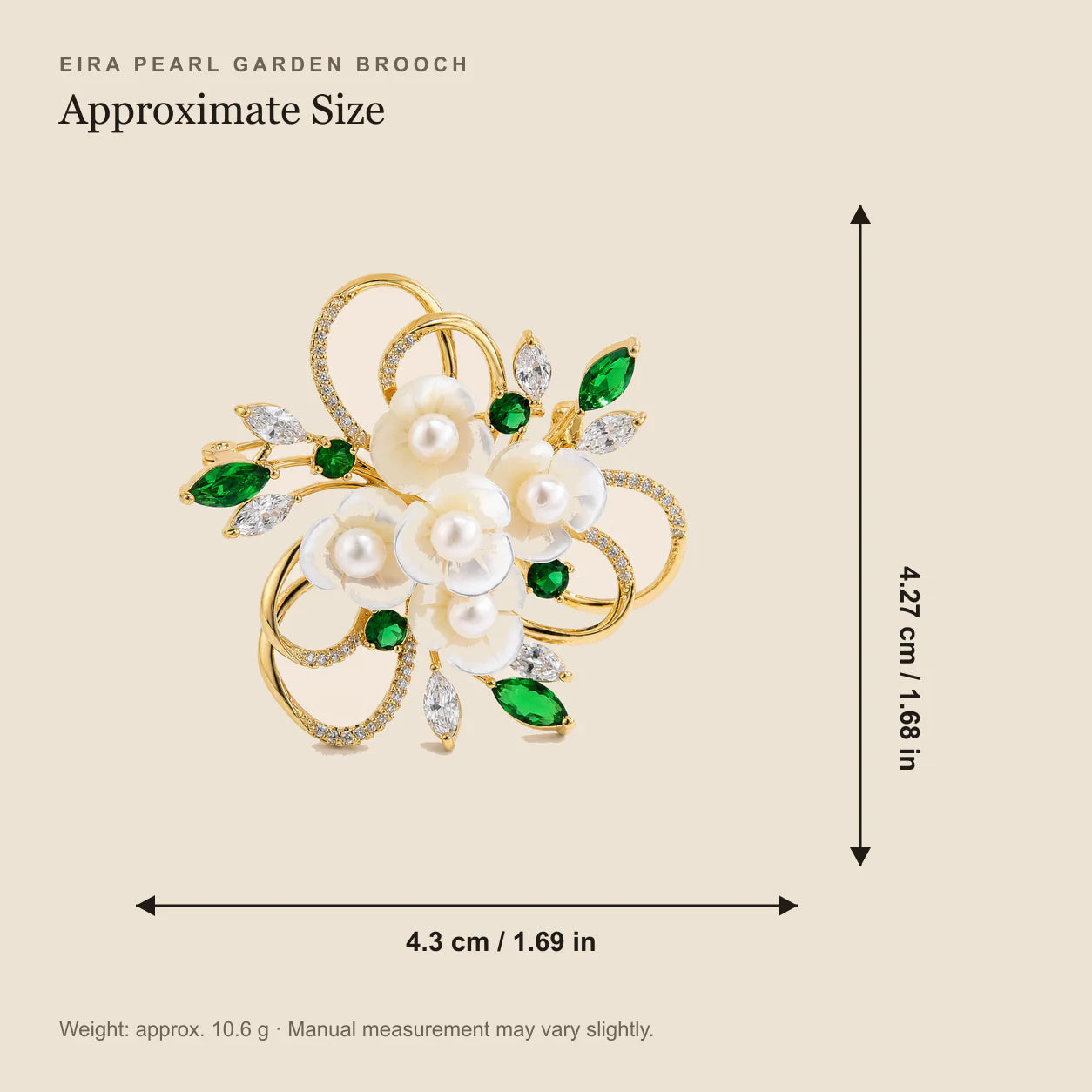 Eira Pearl Garden Brooch approximate dimensions and weight