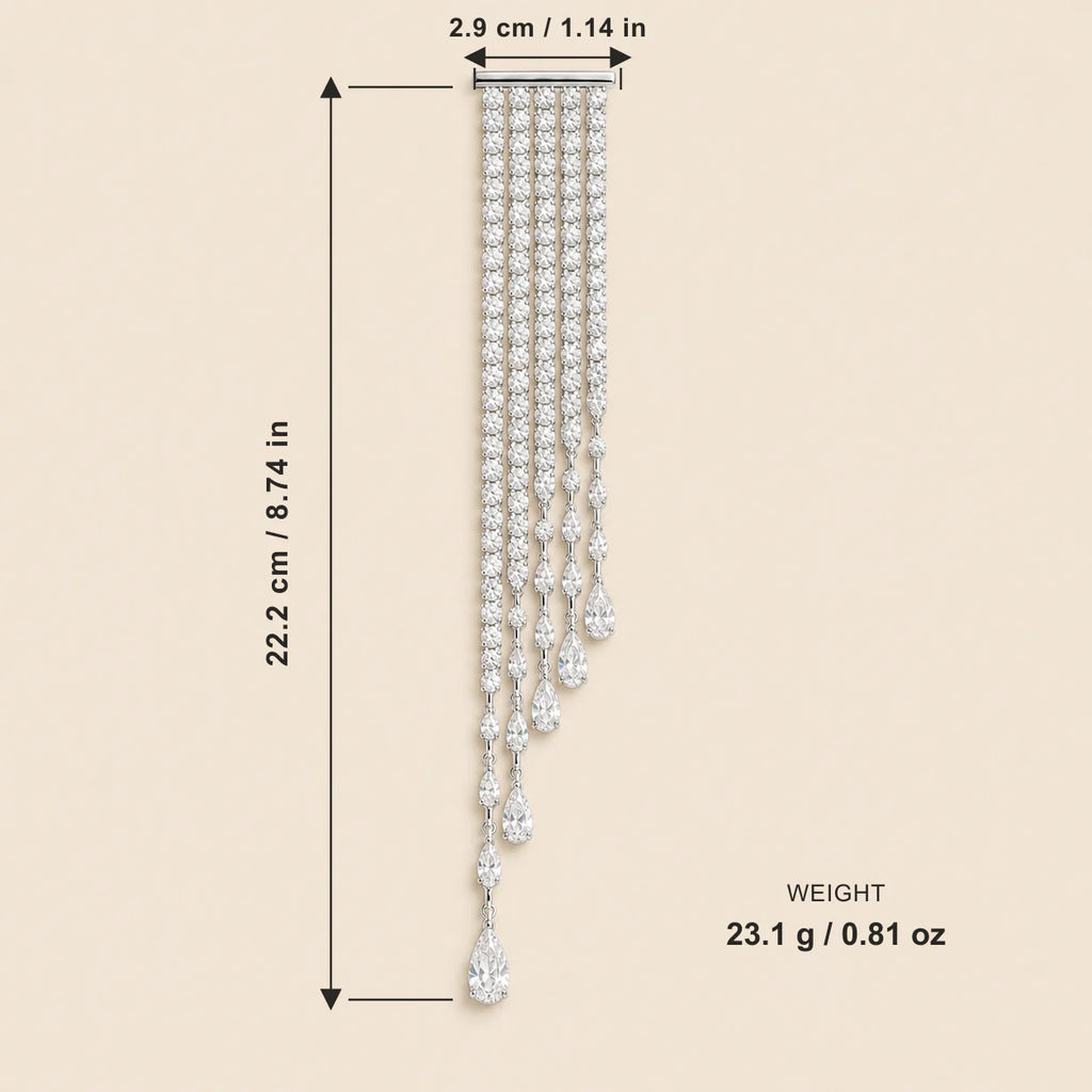 Kajo Crystal Cascade Brooch size guide showing its 22.2 centimetre length