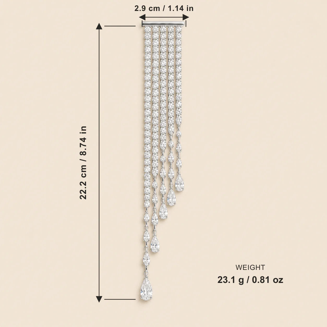Kajo Crystal Cascade Brooch size guide showing its 22.2 centimetre length