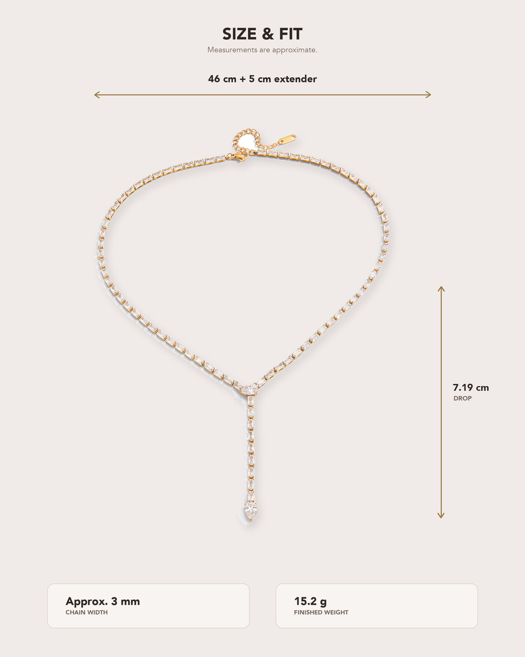 Liora Gold Crystal Y-Drop Necklace size guide showing 46 plus 5 cm length and 7.19 cm drop