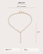 Liora Gold Crystal Y-Drop Necklace size guide showing 46 plus 5 cm length and 7.19 cm drop