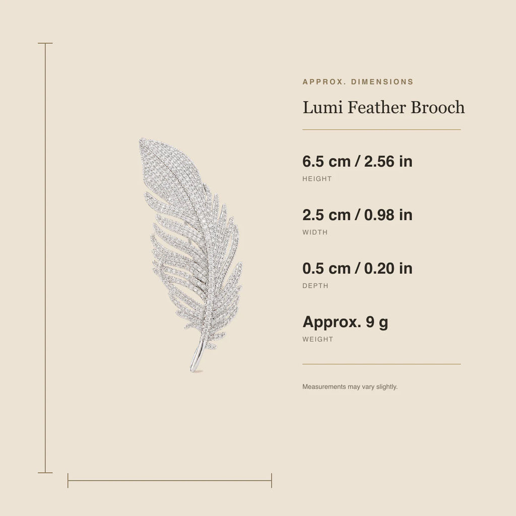 Lumi Crystal Feather Brooch size guide showing 6.5 cm height, 2.5 cm width, 0.5 cm depth and 9 g weight