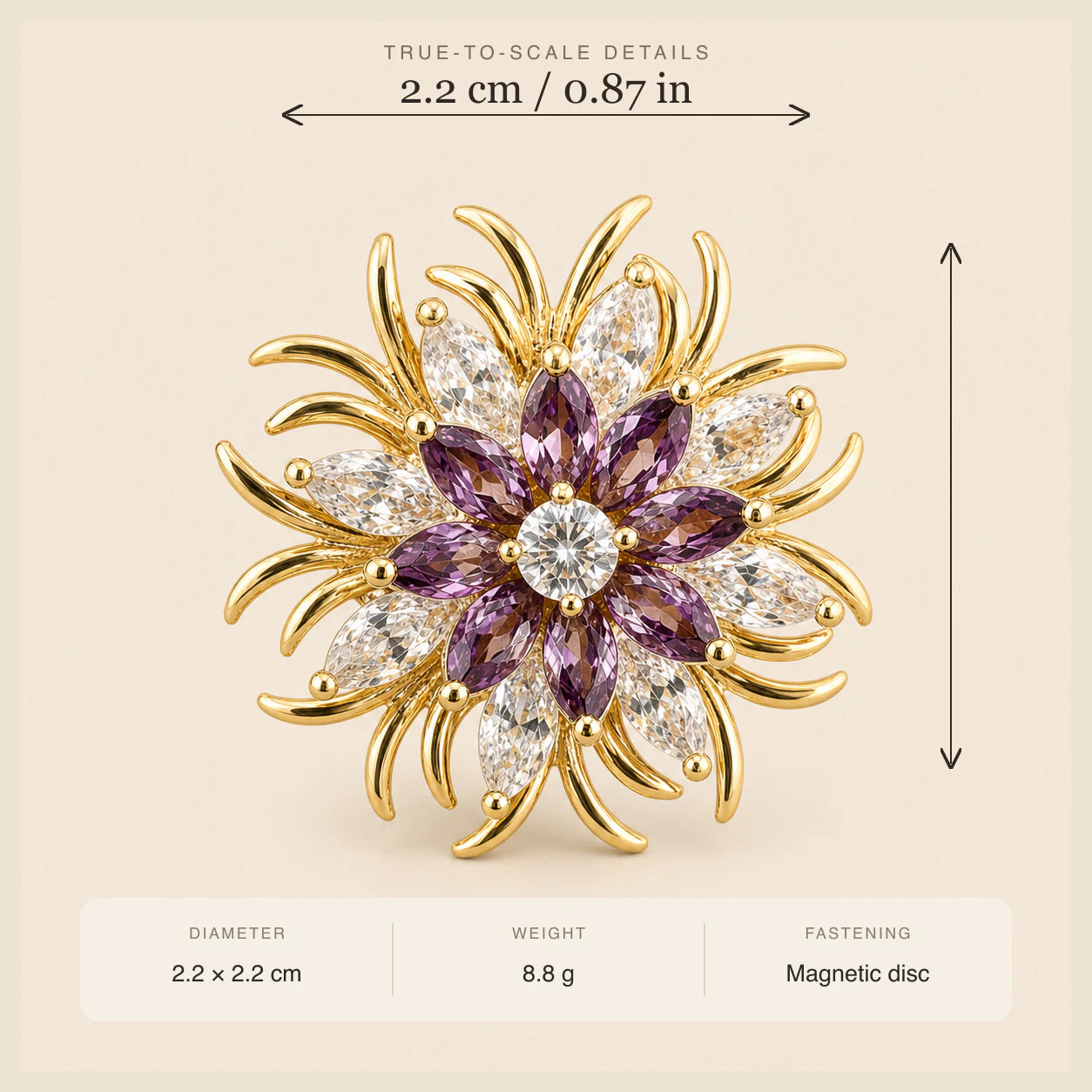 Meri Magnetic Bloom Brooch size guide showing 2.2 by 2.2 centimetres
