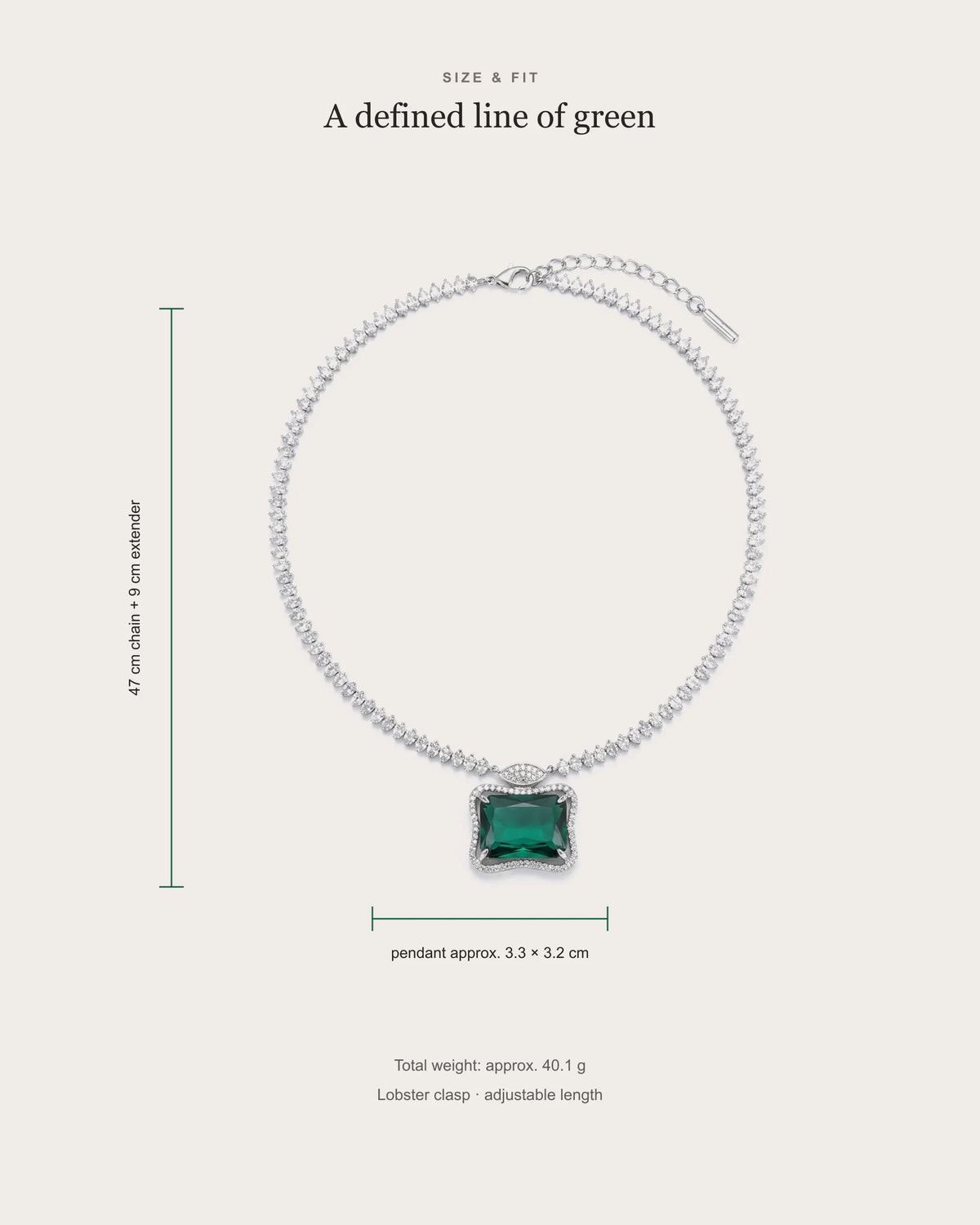 Ruutu necklace size guide showing a 47 centimeter chain, 9 centimeter extender and pendant dimensions