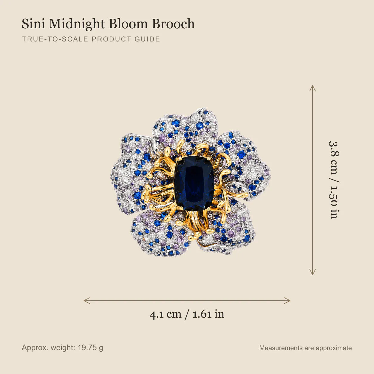 Sini Midnight Bloom Brooch size guide showing 4.1 by 3.8 centimetres