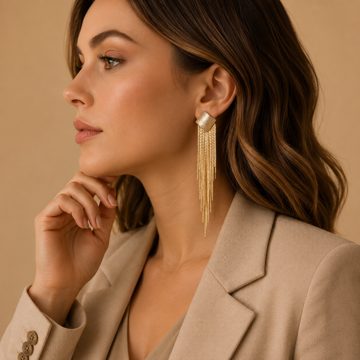 Virta Cascade Gold Earrings showing cascading movement and warm shine