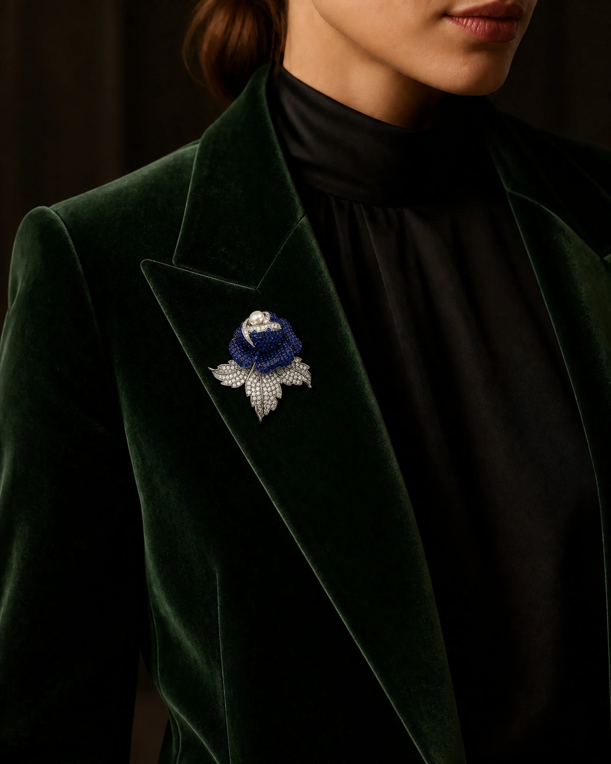 Aava rose brooch at its true 5.6 by 5.9 centimetre scale on a green velvet lapel