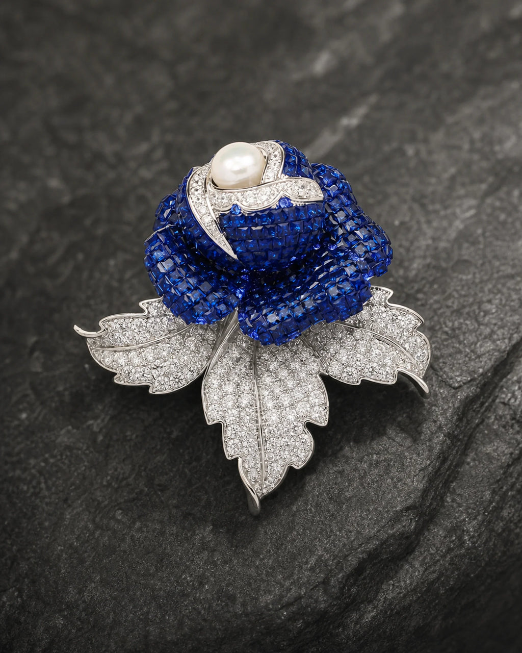Macro view of Aava's sapphire crystal petals, pearl-like centre and clear crystal leaves