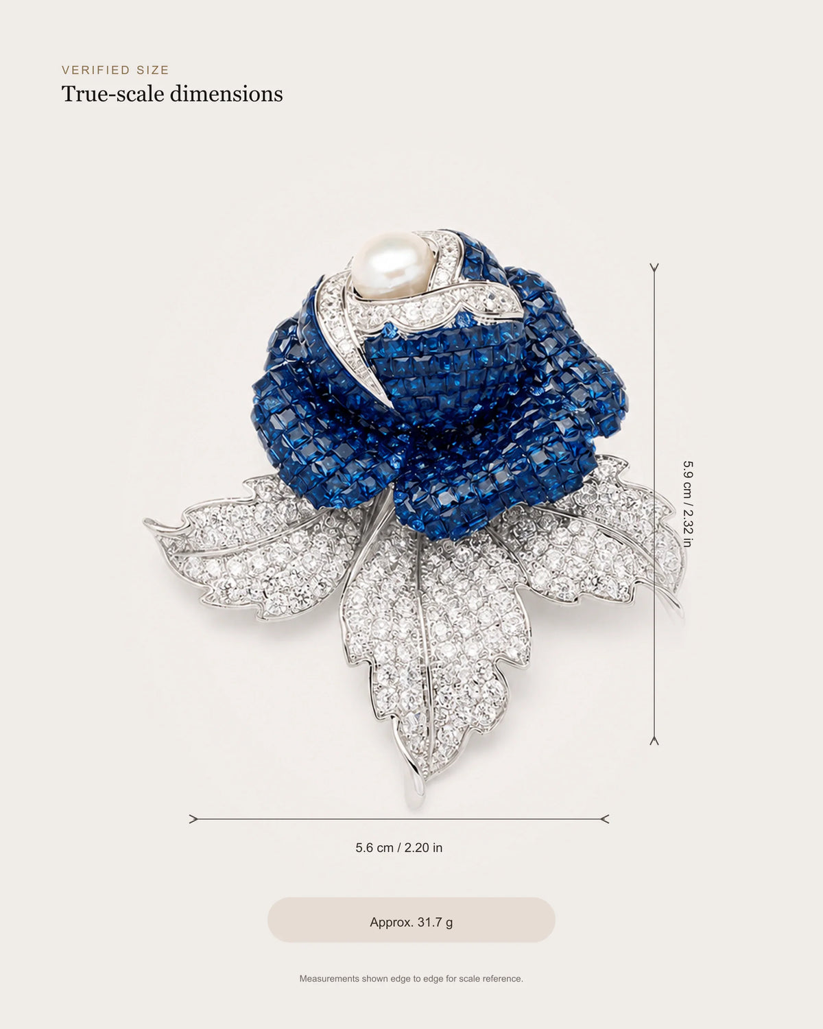 Aava size guide showing 5.6 by 5.9 centimetres and approximately 31.7 grams