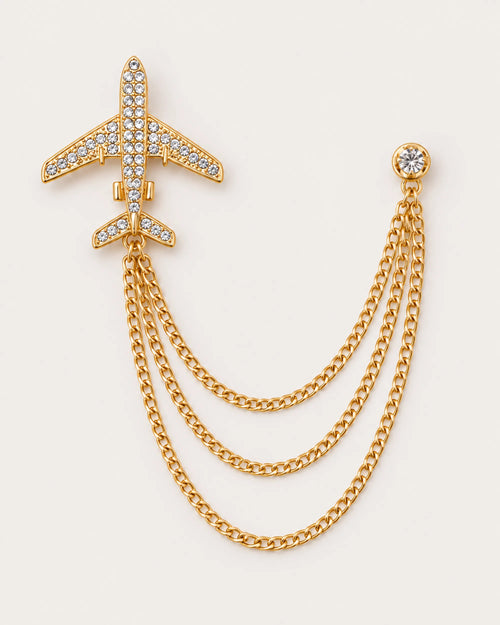Aero Airplane Lapel Chain Brooch in gold-tone finish; complete front view