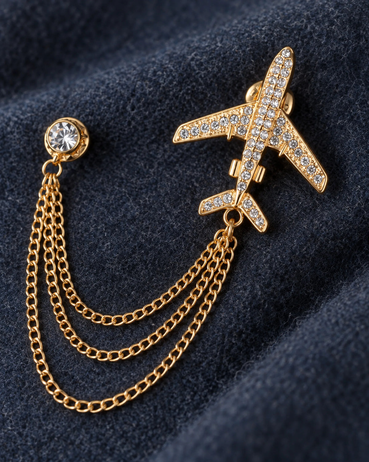 Aero Airplane Lapel Chain Brooch in gold-tone finish; detail of the motif and chain connections