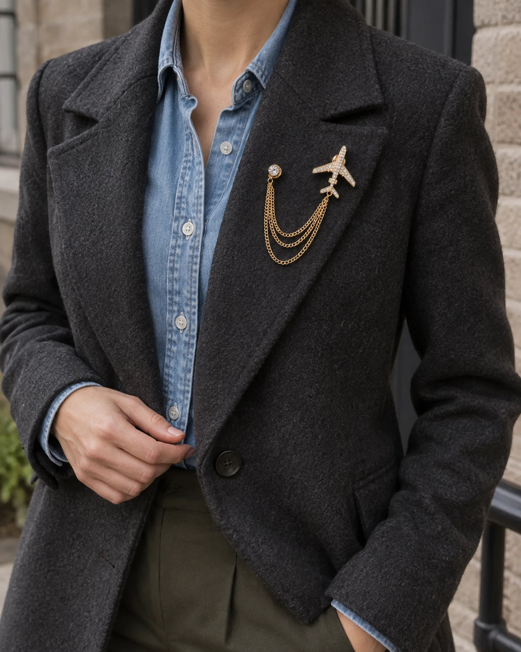 Aero Airplane Lapel Chain Brooch in gold-tone finish; wider faceless jacket styling view