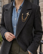 Aero Airplane Lapel Chain Brooch in gold-tone finish; wider faceless jacket styling view