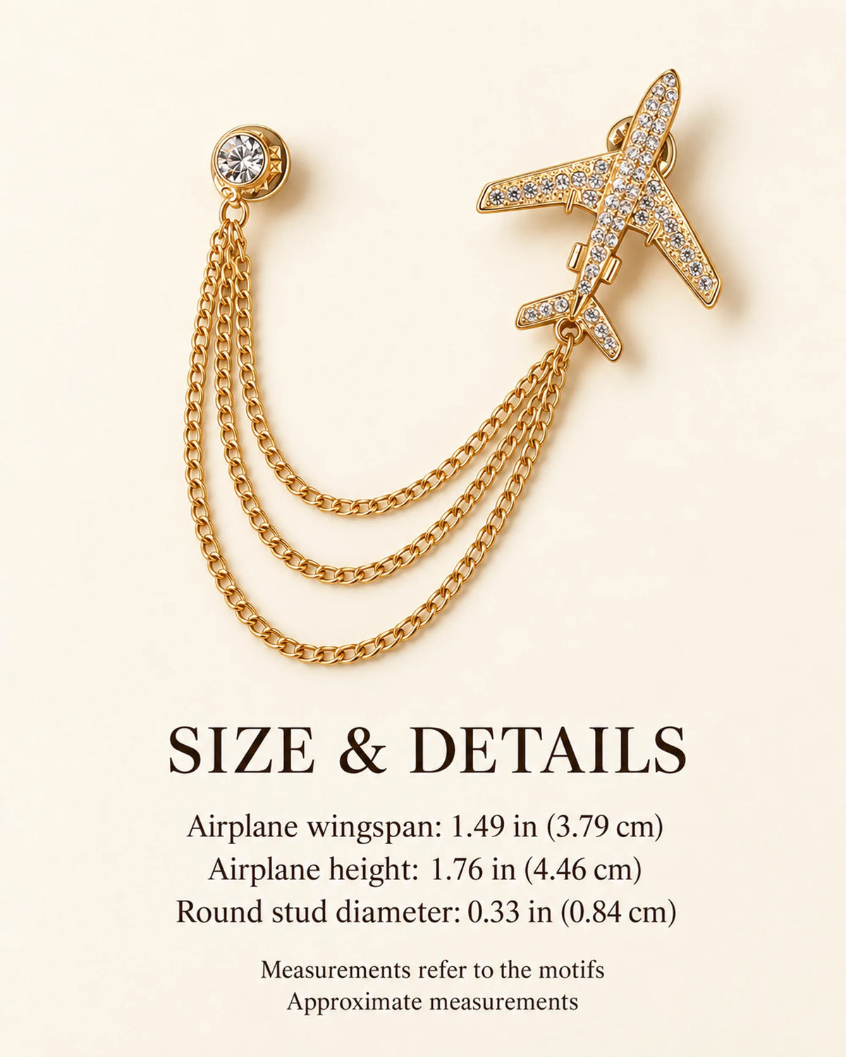 Aero Airplane Lapel Chain Brooch in gold-tone finish; main motif dimensions, excluding chain length