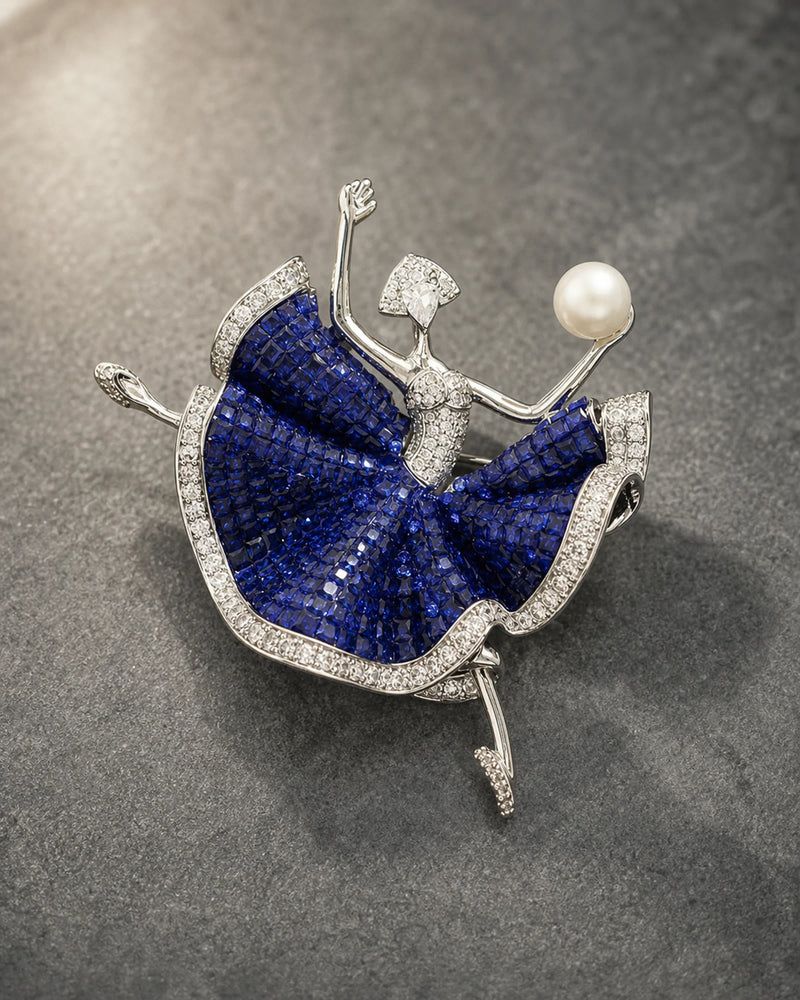 Macro view of Aila in silver tone and sapphire blue with crystal and pearl-like detail