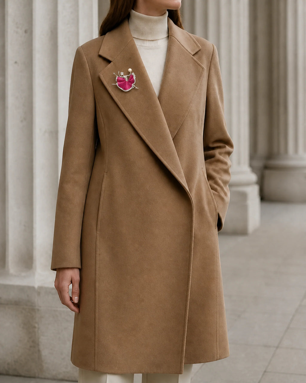 Wide view of Aila at true scale on a camel coat lapel