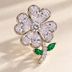 Aili Clear Zircon Clover Brooch in an oblique front view showing raised settings and dimensional construction.