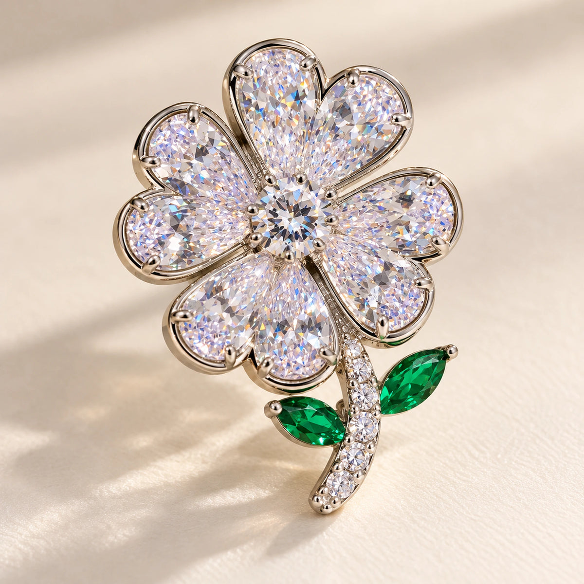 Aili Clear Zircon Clover Brooch in an oblique front view showing raised settings and dimensional construction.