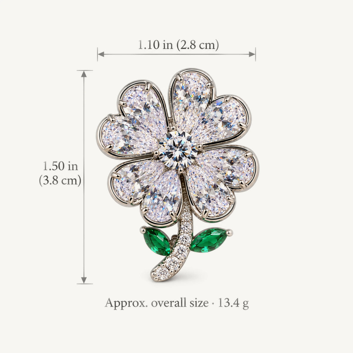 Aili Clear Zircon Clover Brooch overall size: Approx. 1.50 × 1.10 in (3.8 × 2.8 cm); approximately 13.4 grams.