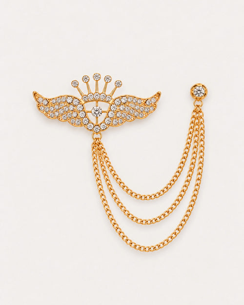 Alar Winged Crown Lapel Chain Brooch in gold-tone finish; complete front view