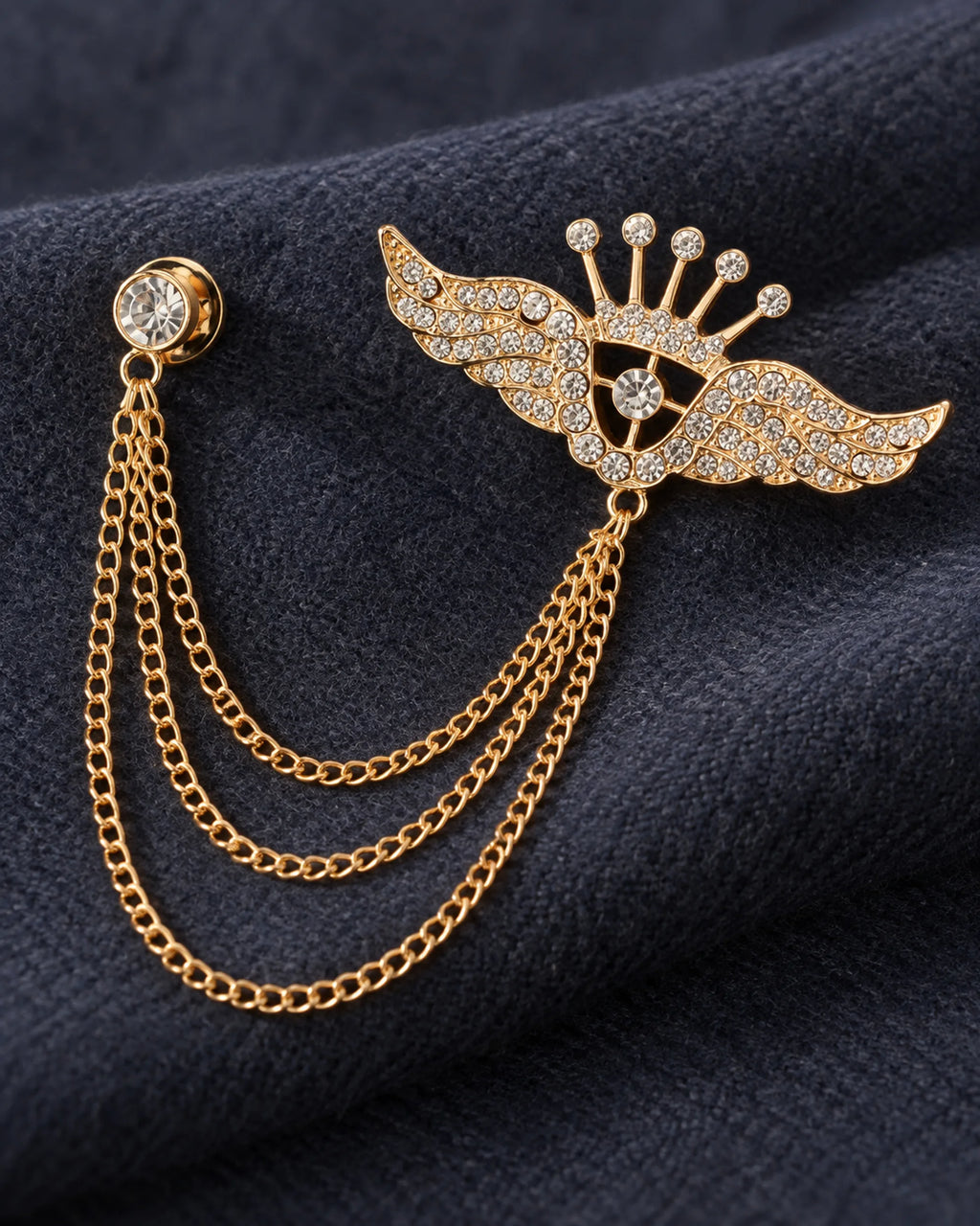 Alar Winged Crown Lapel Chain Brooch in gold-tone finish; detail of the motif and chain connections