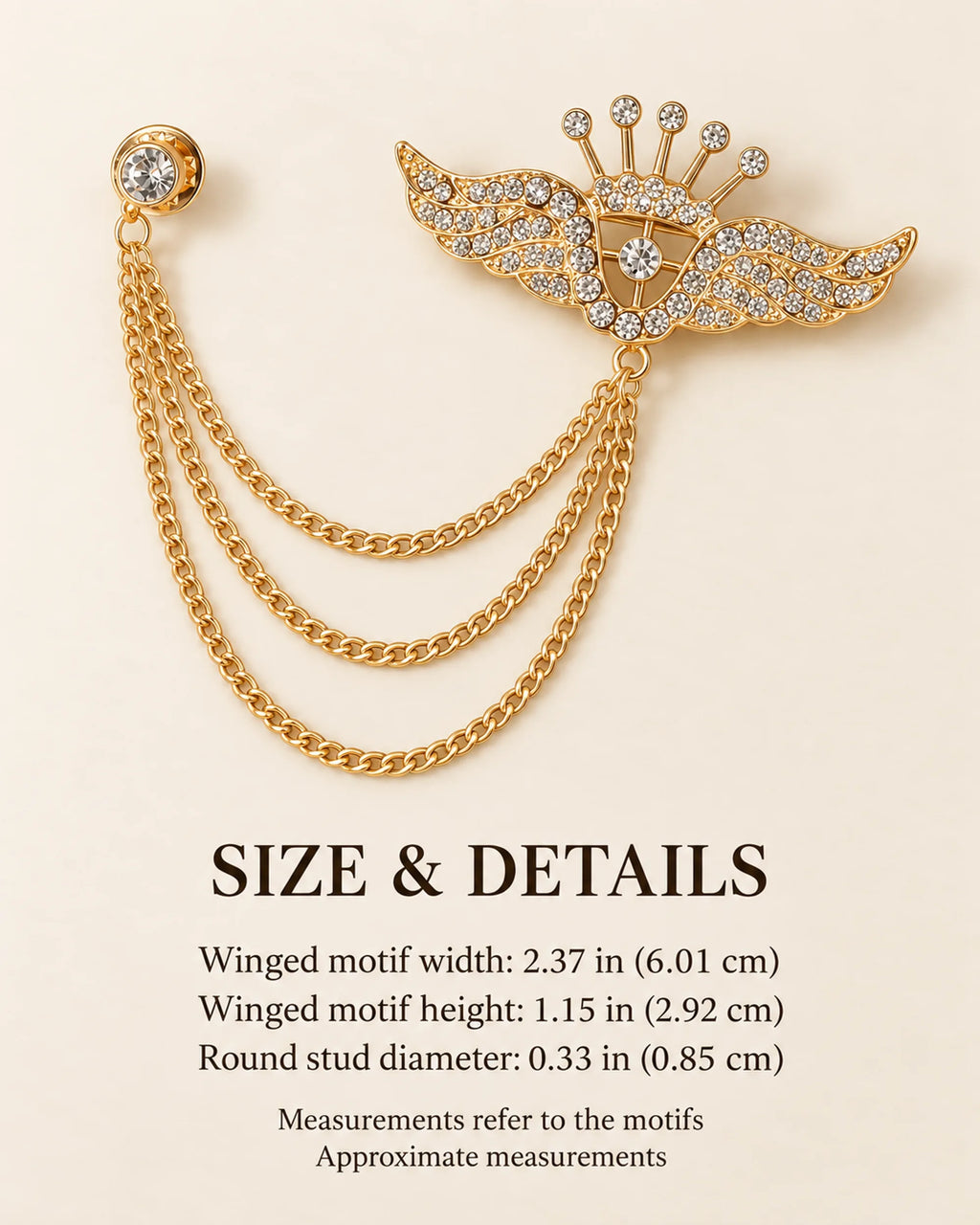 Alar Winged Crown Lapel Chain Brooch in gold-tone finish; main motif dimensions, excluding chain length