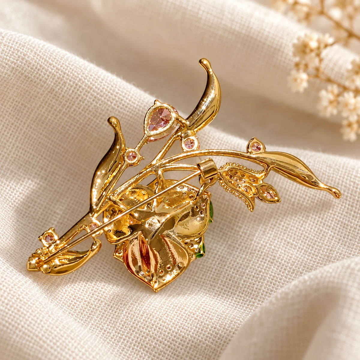 Rear view of Alva Pink Zircon Rose Brooch showing the exact pin, catch and metal construction.