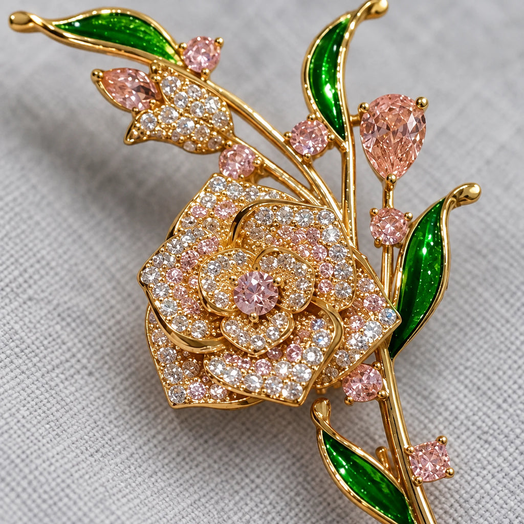 Close detail of Alva Pink Zircon Rose Brooch showing the actual stone settings and layered construction.