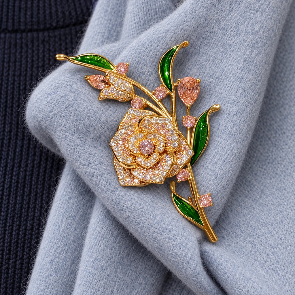 Alva Pink Zircon Rose Brooch fastened at its verified size to a supported pale blue-grey wool scarf fold.